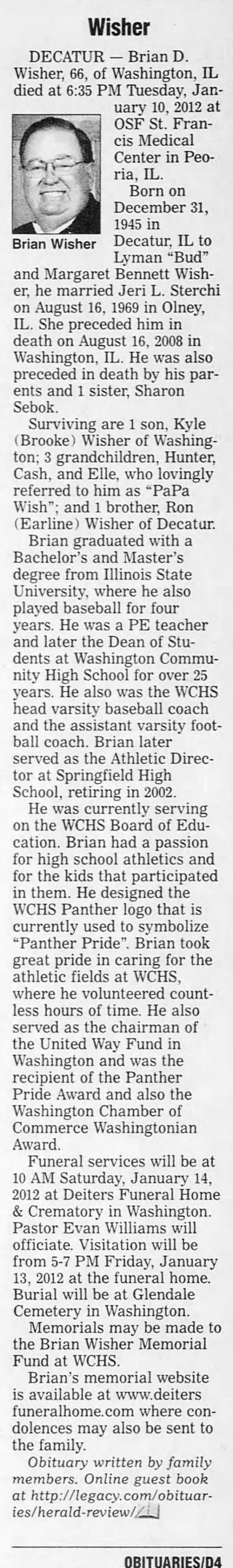 Obituary for Brian Wisher Wisher, 1945-2012 (Aged 66)
